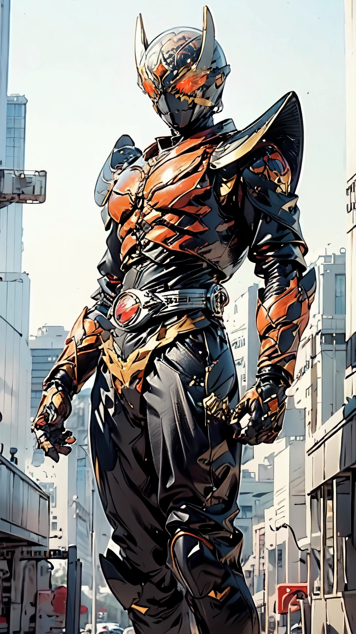 (masterpiece:1.5, best quality:1.5, extremely delicate:1.5), ((male:1.5)), a man wearing a full-face helmet, green eyes, fantasy-style high-tech biomimetic armored combat suit, (a composite layered chest armor), the design balances heavy with agility, fully enclosed shoulder guards, matching arm and leg guards, a belt of gemstone, (the color scheme is primarily Red and Golden with Black accents, Organic Biotech, Concept Inspired by Kamen Rider, glowing eyes, armor glows, stand of a futuristic sci-fi city), this character embodies a finely crafted fantasy-style armored hero in anime style, exquisite and mature art style, metallic, high definition, highres, ultra-detailed, ultra-fine painting, professional, perfect body proportions, golden ratio, anatomically correct, symmetrical face, extremely detailed eyes and face, high quality eyes, creativity, RAW photo, UHD, 32k, Natural light, cinematic lighting, masterpiece-anatomy-perfect