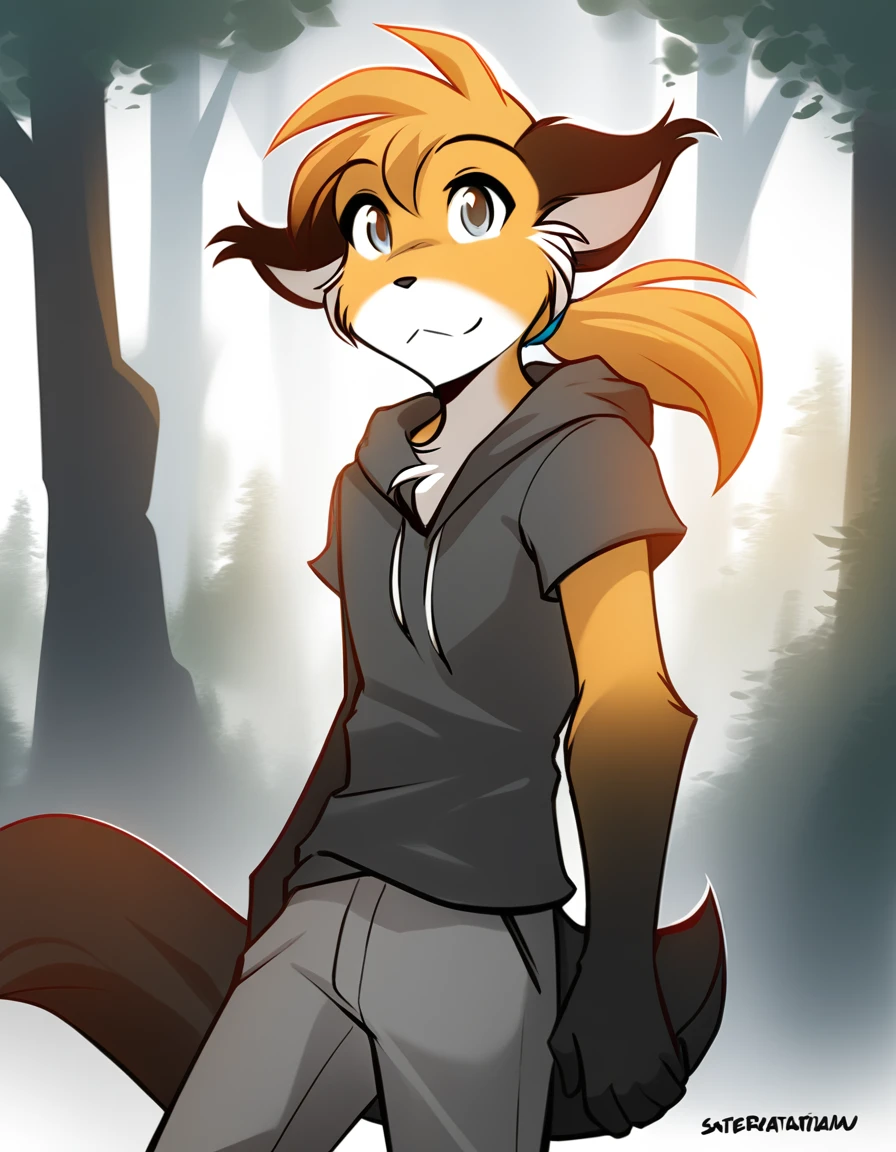 (female), (red fox), (hot), (in heat), (orange eyes), (dominant), (In snowy forest), (medium eyes), (small breasts), (small), (wearing dark grey shirt and black skirt), (high definition), by Hioshiru.