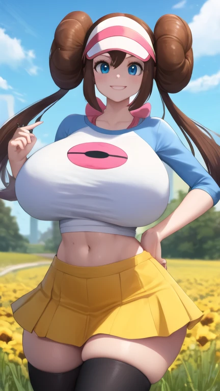 Perfect CG unity 8K UHD wallpaper, Perfect CG unity 8K UHD wallpaper, (masterpiece, best quality:1.2), rosa pkmn, cowboy shot, masterpiece, best quality, highres, ro1, hair bun, blue eyes, twintails, visor cap, thighhighs, raglan sleeves, ((yellow miniskirt)), croptop, pink bow, wristwatch, standing, cowboy shot, field, poke ball \(basic\), smile, gigantic breasts, thick thighs, skindentation, ((midriff)), ((very tall:1.2)), from below