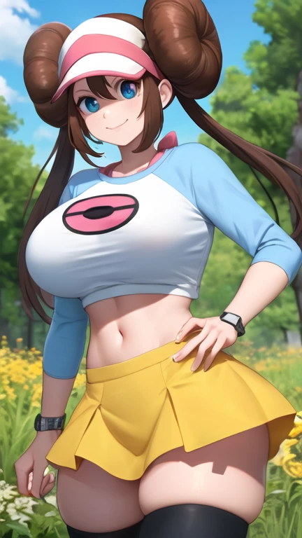 Perfect CG unity 8K UHD wallpaper, Perfect CG unity 8K UHD wallpaper, (masterpiece, best quality:1.2), rosa pkmn, cowboy shot, masterpiece, best quality, highres, ro1, hair bun, blue eyes, twintails, visor cap, thighhighs, raglan sleeves, ((yellow miniskirt)), croptop, pink bow, wristwatch, standing, cowboy shot, field, poke ball \(basic\), smile, gigantic breasts, thick thighs, skindentation, ((midriff)), ((very tall:1.2)), from below