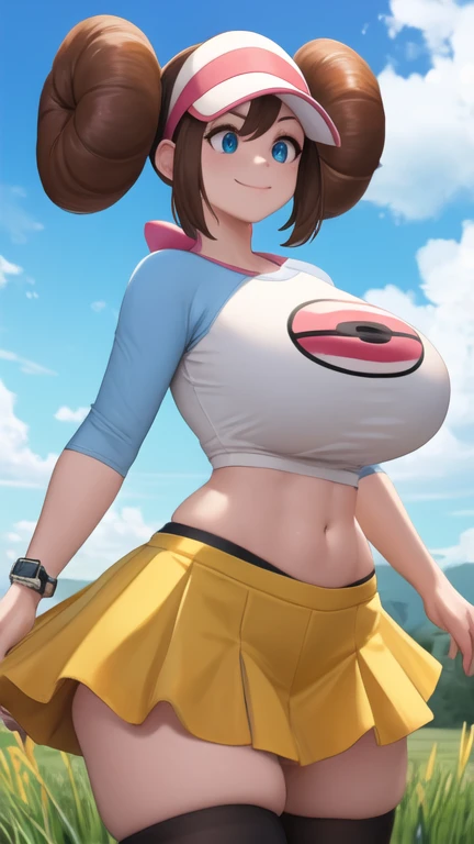 Perfect CG unity 8K UHD wallpaper, Perfect CG unity 8K UHD wallpaper, (masterpiece, best quality:1.2), rosa pkmn, cowboy shot, masterpiece, best quality, highres, ro1, hair bun, blue eyes, twintails, visor cap, thighhighs, raglan sleeves, ((yellow miniskirt)), croptop, pink bow, wristwatch, standing, cowboy shot, field, poke ball \(basic\), smile, gigantic breasts, thick thighs, skindentation, ((midriff)), ((very tall:1.2)), from below