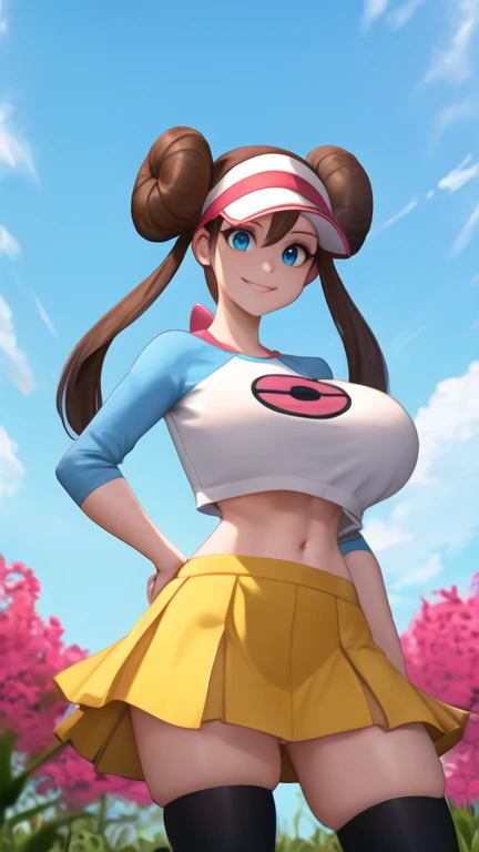 Perfect CG unity 8K UHD wallpaper, Perfect CG unity 8K UHD wallpaper, (masterpiece, best quality:1.2), rosa pkmn, cowboy shot, masterpiece, best quality, highres, ro1, hair bun, blue eyes, twintails, visor cap, thighhighs, raglan sleeves, ((yellow miniskirt)), croptop, pink bow, wristwatch, standing, cowboy shot, field, poke ball \(basic\), smile, gigantic breasts, thick thighs, skindentation, ((midriff)), ((very tall:1.2)), from below