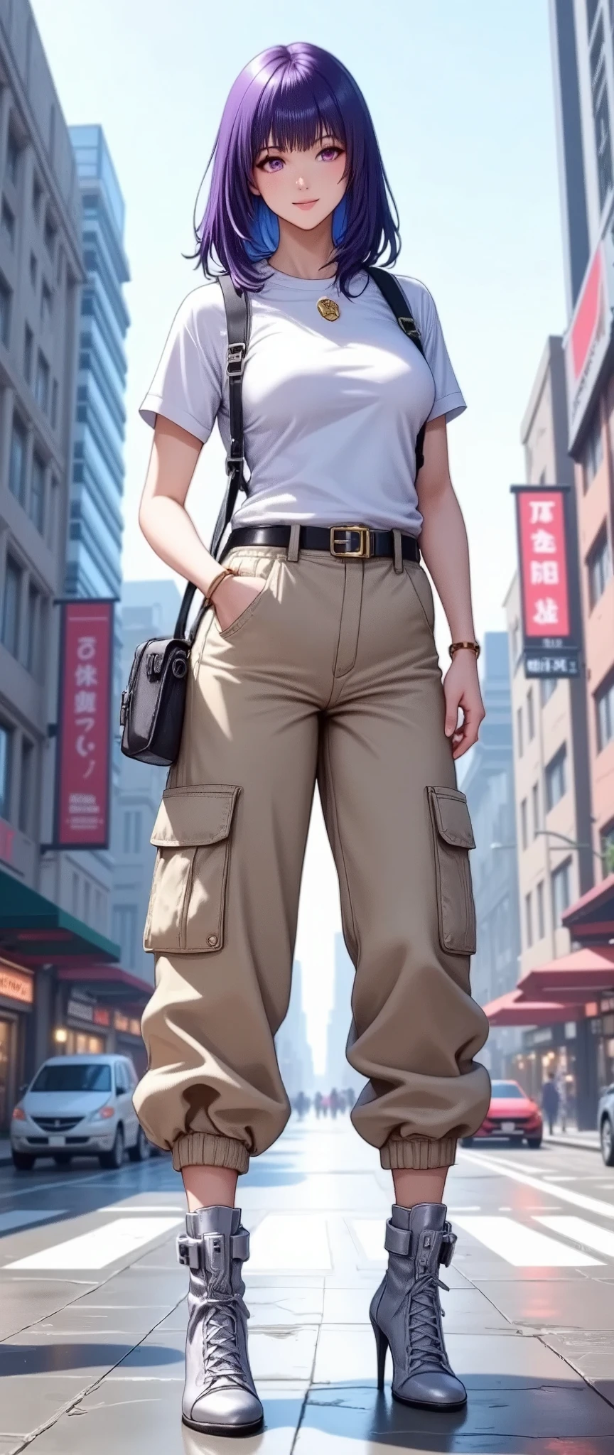 (masterpiece:1.2),(Best Quality),(Super detailed),( super high definition),( best illustration),8k, wallpaper, Beautiful Female Cyborg,whole body,Vector art,Layered Textures ,progressive,SF, Cyberpunk ,White shirt,beige wide cargo pants,Silver High Heels,(The background is the downtown area of Cyber World)
