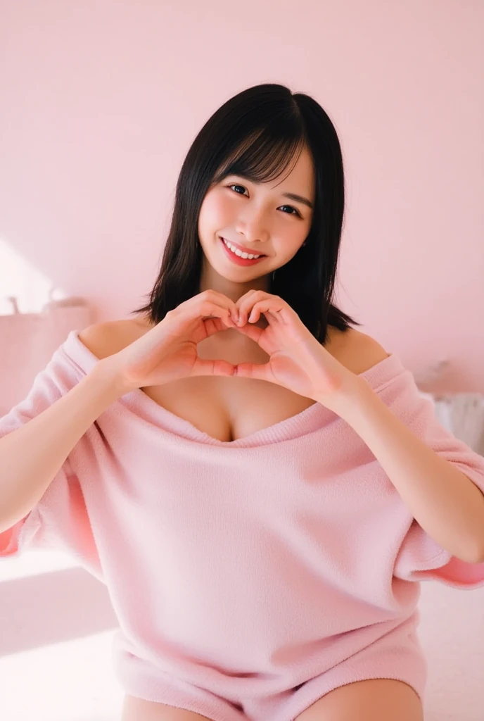 Only one woman with a cute smile wears cute, fluffy off-shoulder pajamas, makes a big heart shape with both hands, and poses them in front of her chest, View above collarbone、The background is a monotone 

