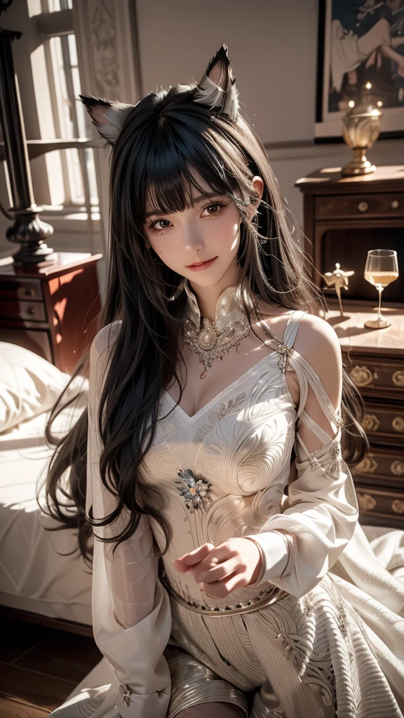 ((masterpiece, best quality, ultra-detailed, high resolution, extremely detailed CG, super detailed, Most beautiful clean lighting)), 1girl, small, young, cute girl, pretty face, smile, white skin, Beautiful black hair, straight hair, black eyes, kawaii, little body, divine garment, fantastic landscape, ultimate beauty