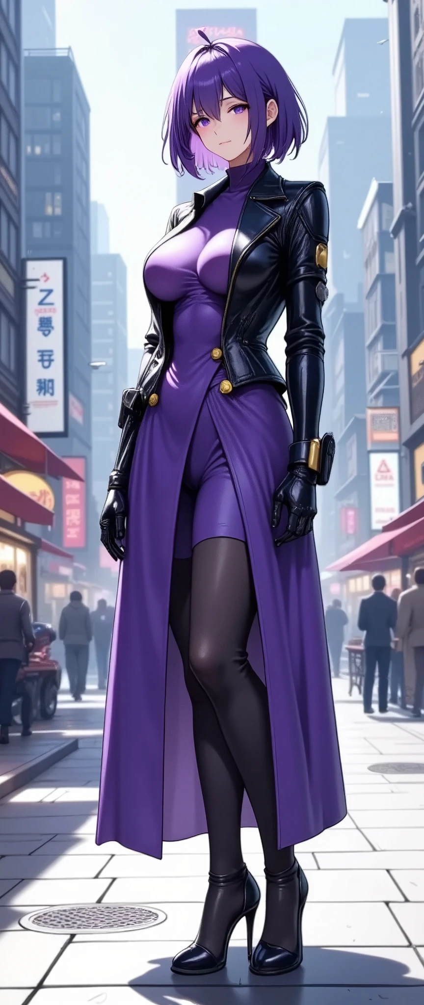 (masterpiece:1.2),(Best Quality),(Super detailed),( super high definition),( best illustration),8k, wallpaper, Beautiful Female Cyborg,whole body,Vector art,Layered Textures ,progressive,SF, Cyberpunk , long skirt, tailored jacket ,Heeled Boots,(The background is the downtown area of Cyber World)
