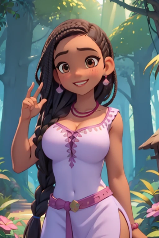 Sexy Busty Voluptuous skimpy Buff Muscular athletic Smiling cheerful dark skinned African Asha from Disney's Wish with very long down loose braided black hair and brown eyes in the forest on a hot sunny summer day large breasts huge muscles huge breasts 