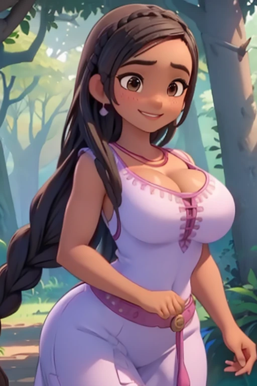 Sexy Busty Voluptuous skimpy Buff Muscular athletic Smiling cheerful dark skinned African Asha from Disney's Wish with very long down loose braided black hair and brown eyes in the forest on a hot sunny summer day large breasts huge muscles huge breasts 