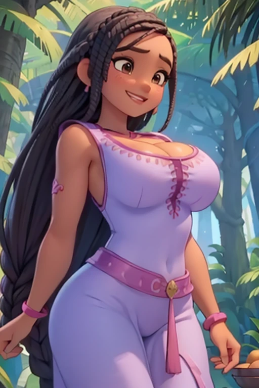 Sexy Busty Voluptuous skimpy Buff Muscular athletic Smiling cheerful dark skinned African Asha from Disney's Wish with very long down loose braided black hair and brown eyes in the forest on a hot sunny summer day large breasts huge muscles huge breasts 