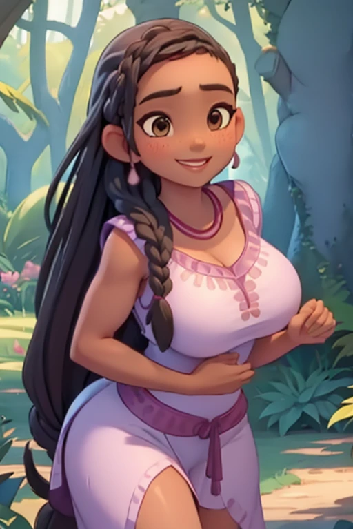 Sexy Busty Voluptuous skimpy Buff Muscular athletic Smiling cheerful dark skinned African Asha from Disney's Wish with very long down loose braided black hair and brown eyes in the forest on a hot sunny summer day large breasts huge muscles huge breasts 