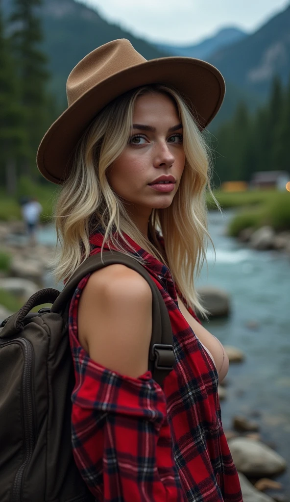 (Blonde), bold and sexy hiker, ((upper body selfie)), masterpiece, best quality, ultra-detailed, solo, outdoor, (golden hour), mountains, nature, backpack, sleeping bag, country boot, country hat, red plaid shirt long sleeve open, lantern, forest, rocks, river, wood, smoke, shadows, contrast, clear sky, style, (warm hue, warm tone: 1.2), close-up, cinematic light, side lighting, ultra high resolution, best shadow, RAW, upper body, seductive look, natural breasts, 4k, open neckline, sexy