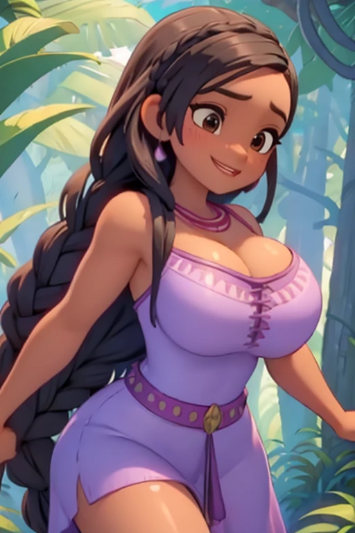 Sexy Busty Voluptuous skimpy Buff Muscular athletic Smiling cheerful dark skinned African Asha from Disney's Wish with very long down loose braided black hair with brown eyes wearing strapless purple in the forest on a hot sunny summer day large breasts huge muscles huge breasts 