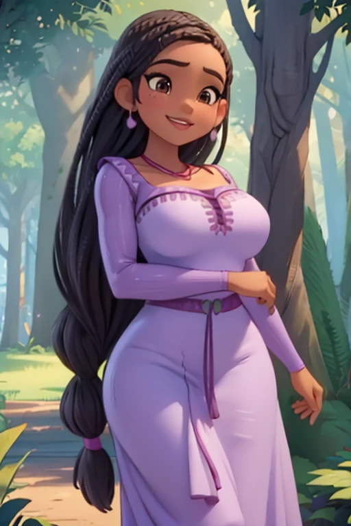 Sexy Busty Voluptuous skimpy Buff Muscular athletic Smiling cheerful dark skinned African Asha from Disney's Wish with very long down loose braided black hair with brown eyes wearing strapless purple in the forest on a hot sunny summer day large breasts huge muscles huge breasts 