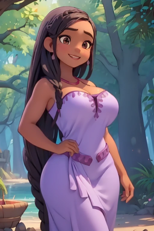 Sexy Busty Voluptuous skimpy Buff Muscular athletic Smiling cheerful dark skinned African Asha from Disney's Wish with very long down loose braided black hair with brown eyes wearing strapless purple in the forest on a hot sunny summer day large breasts huge muscles huge breasts 