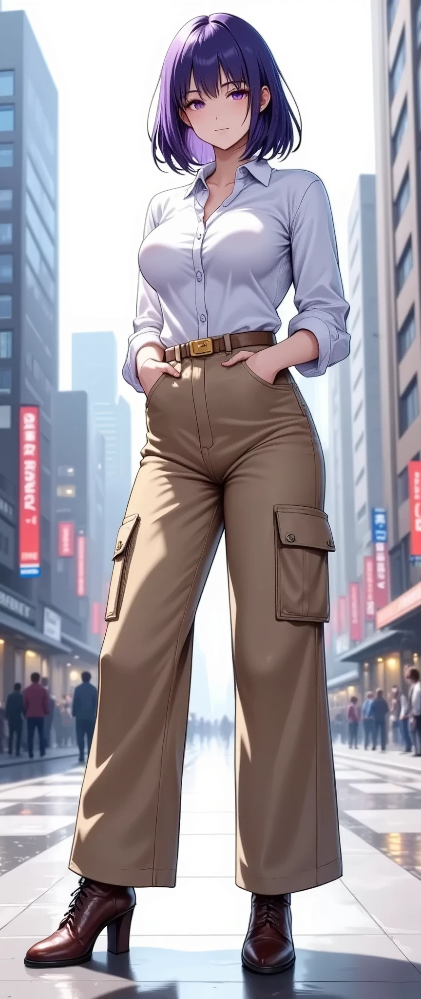 (masterpiece:1.2),(Best Quality),(Super detailed),( super high definition),( best illustration),8k, wallpaper, Beautiful Female Cyborg,whole body,Vector art,Layered Textures ,progressive,SF, Cyberpunk ,White shirt, beige wide cargo pants,brown high heels ,(The background is the downtown area of Cyber World)
