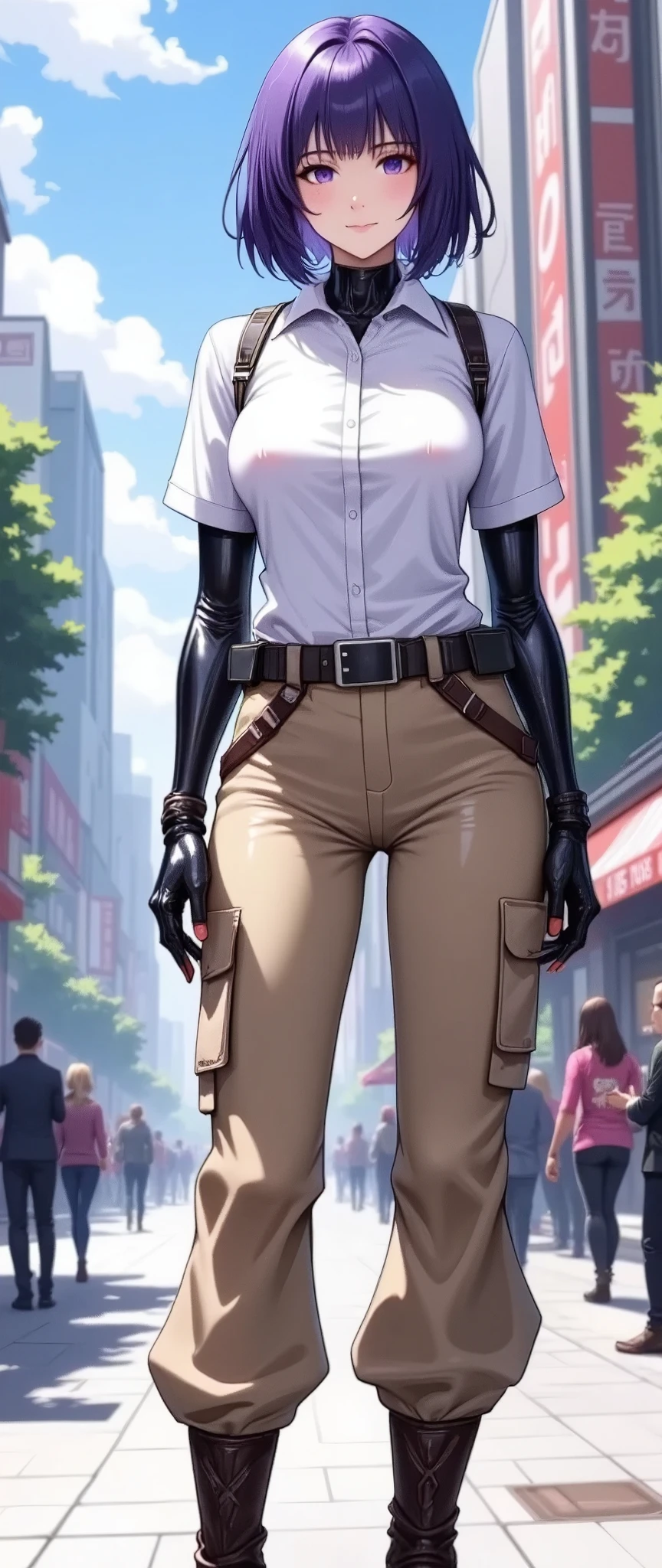 (masterpiece:1.2),(Best Quality),(Super detailed),( super high definition),( best illustration),8k, wallpaper, Beautiful Female Cyborg,whole body,Vector art,Layered Textures ,progressive,SF, Cyberpunk ,White shirt, beige wide cargo pants,brown high heels ,(The background is the downtown area of Cyber World)
