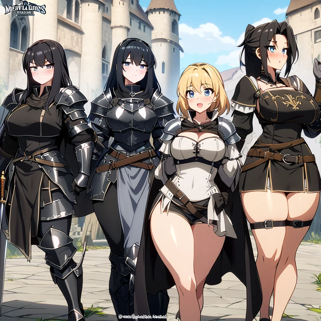 Anime, black paladins, girls paladins, Paladin's black armor (((medieval))), cape, multiple girls, girls surrounding, curvy body, sword