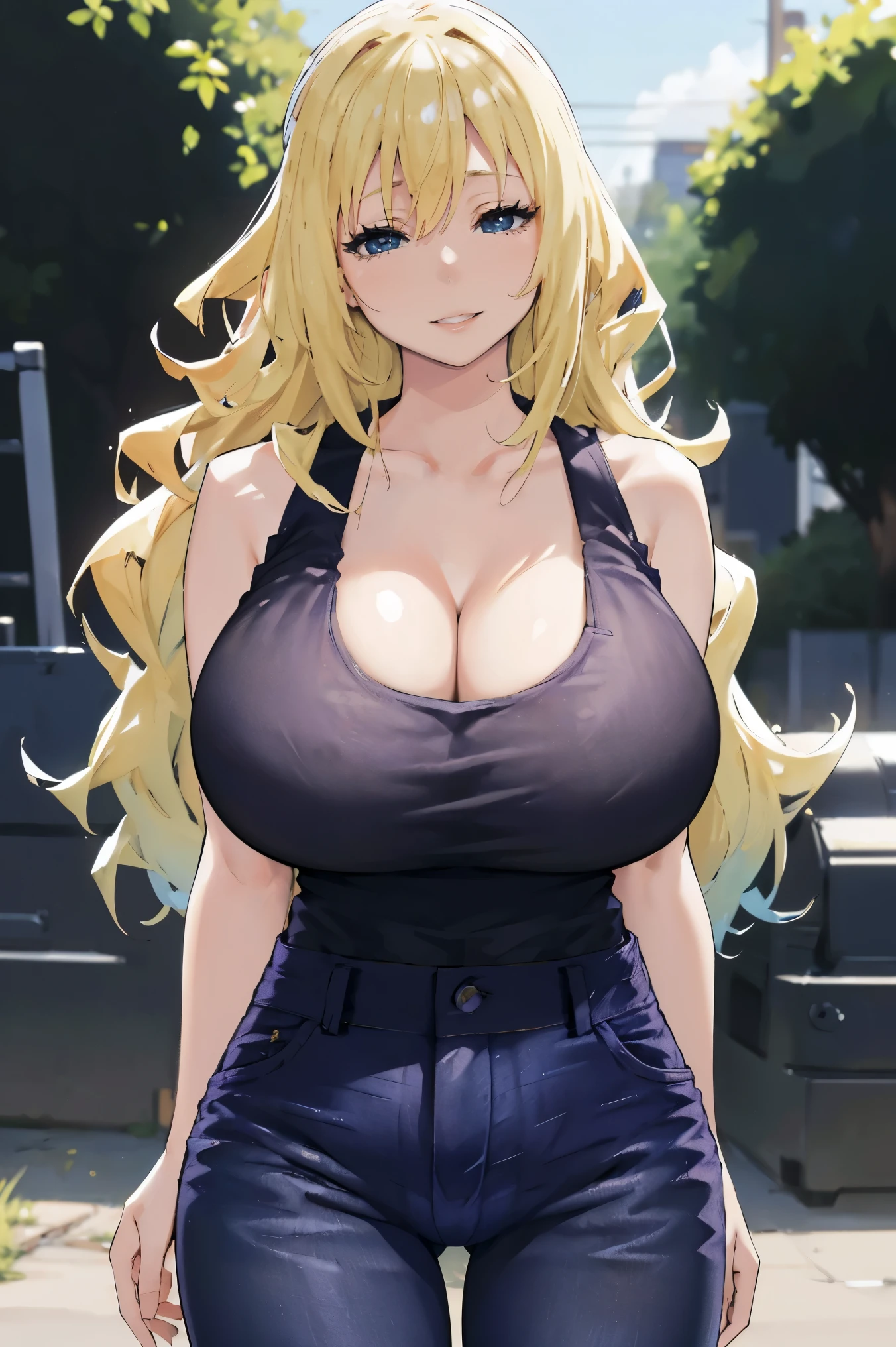 masterpiece, (very huge tits  ), (((cleavage))), busty, thick, smile, ((( black tAnk top, blue jeans pants))), (((vagina))), (best quality), ((solo)), 1girl, blonde hair, long hair, purple eyes ,(photorealistic:1.1), 8k uhd, looking a viewer, outdoors, simple backround, smile, ((open eyes)), 