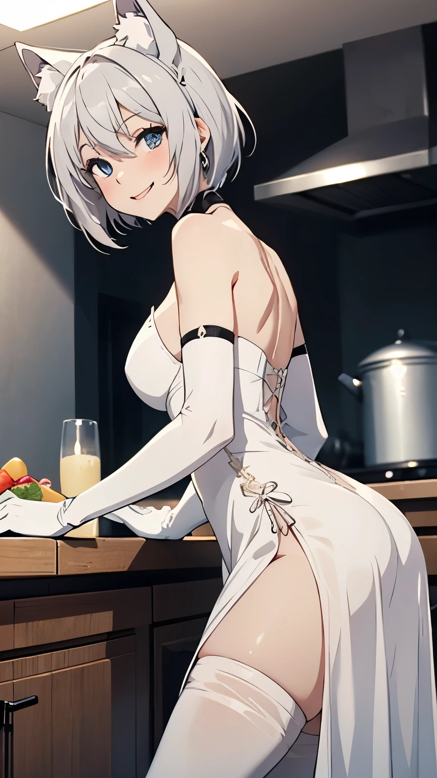 (Highest quality, High resolution, Very detailed), 1 female, Silver Hair, Super short hair, Reddish brown eyes, naked apron, Nude, Ass, Large Breasts, 24th generation, Beautiful woman, mature, quiet, Calm, A small smile, kitchen, Turn around,