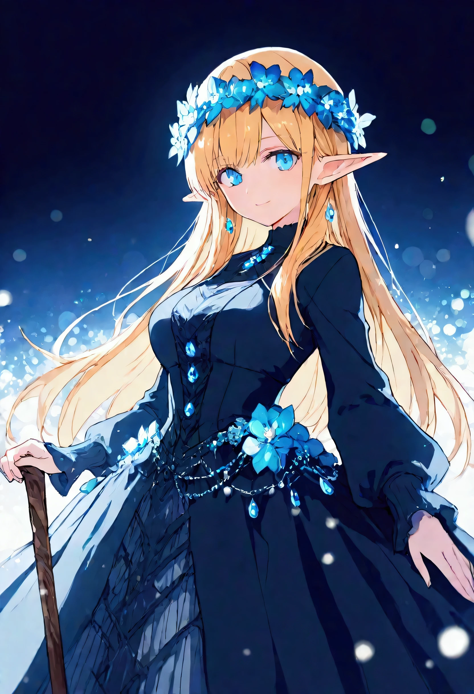 ultra detailed illustration in anime style of a woman, elf queen, Blonde hair and blue eyes, a flower crown, gothic winter dress, elf ears, a winter background, lens flare, depth of field, bokeh effect, backlit, stylish, elegant, breathtaking, visually rich, flat lights, flat colors, cel shading, art by best anime studios, 32k resolution, best quality, ink lines, a mature body, a shallow smile, the Middle Ages, a wooden cane studded with blue jewels