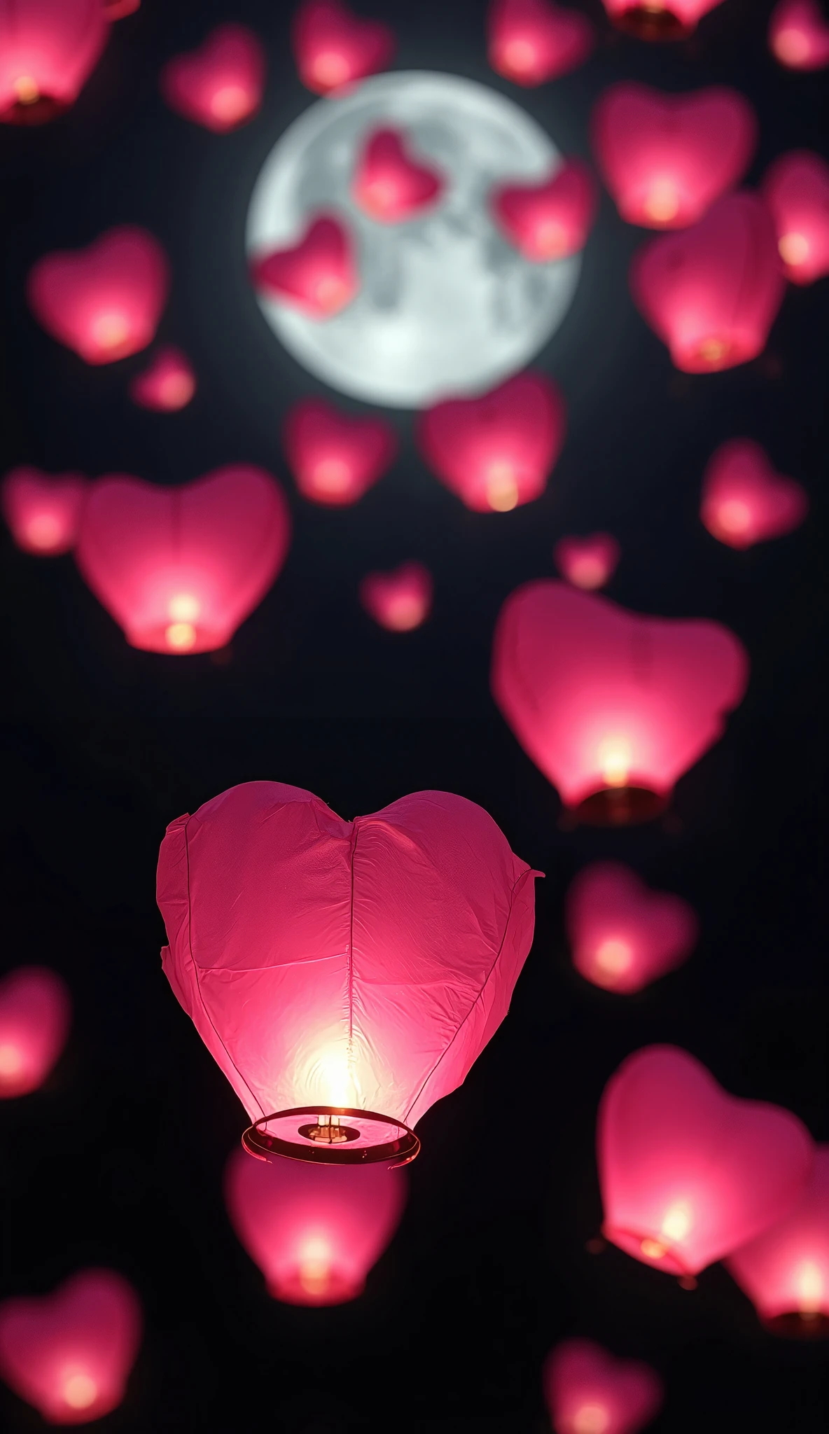 Floating Lantern、((( heart-shaped lanterns :1.37)))、Pink lights 、 many lanterns spreading in the sky 、Contrast between black sky, white moon, and pink lanterns