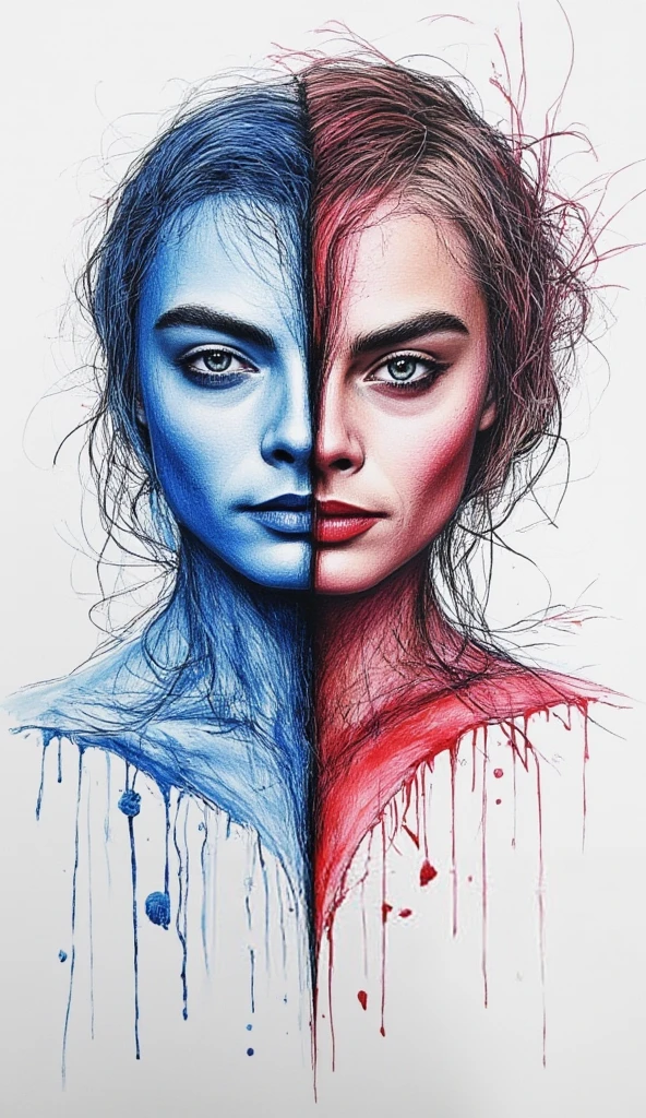 Abstract scetch made with a blue and black and Red  pen, 2girls,  portrait of 2 naked women, , fantasy abstract dual exposition of two face (profile and an face), , Cara delevigne