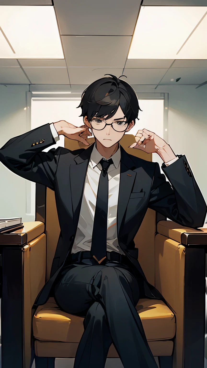 masterpiece, 最high quality, high quality, ultra-detailed、1male、60 years old, snapshot, whole body、male focus, serious look、wearing glasses、short hair、black hair、structured business suit、CEO、Classy tie、Simple watches、sitting in a chair、conference room