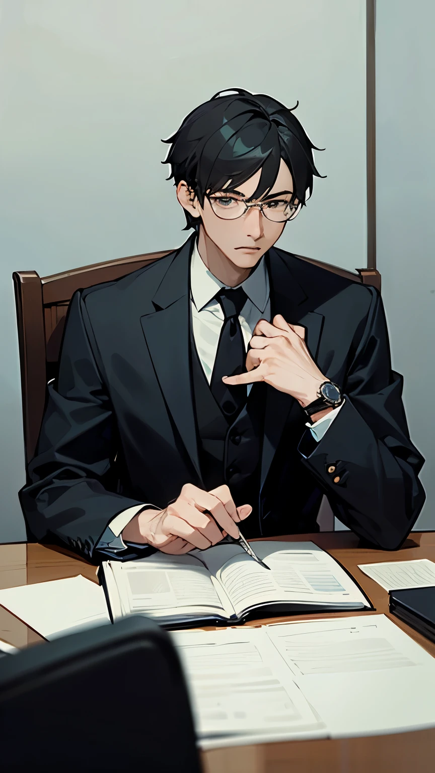 masterpiece, 最high quality, high quality, ultra-detailed、1male、60 years old, snapshot, whole body、male focus, serious look、wearing glasses、short hair、black hair、structured business suit、CEO、Classy tie、Simple watches、sitting in a chair、conference room