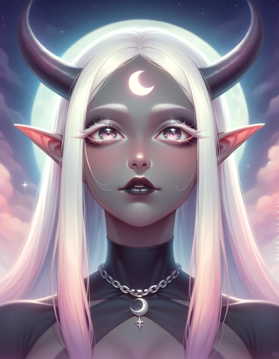 ((Masterpiece)), ((highres)), ((1person)), Random poses, beautifully detailed succubus girl, ((pastel moon background)), long white hair, defined elf ears with ear guages, defined eyes, pastel iris, long eye lashes, defined nose, black lipstick, (((Black skin))), black demon horns, breasts, night sky, pastel gothic style, gothic style art, gothic asthetic