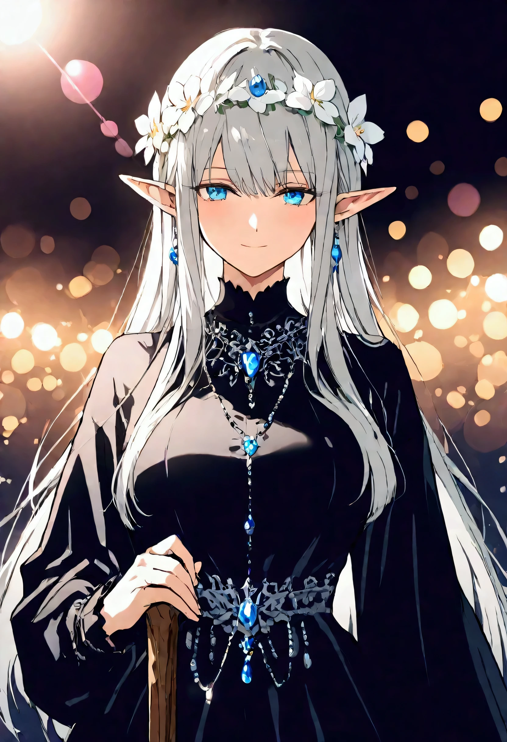 ultra detailed illustration in anime style of a woman, elf queen, platinum hair, a white flower crown, gothic winter dress, elf ears, a winter background, lens flare, depth of field, bokeh effect, backlit, stylish, elegant, breathtaking, visually rich, flat lights, flat colors, cel shading, art by best anime studios, 32k resolution, best quality, ink lines, a mature body, a shallow smile, the Middle Ages, a wooden cane studded with blue jewels