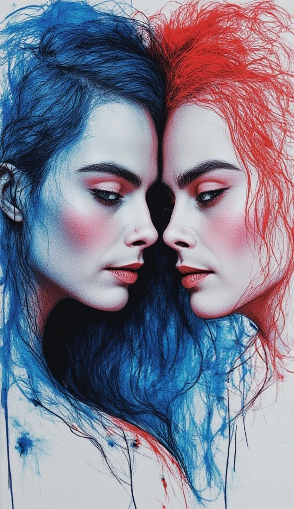 Abstract scetch made with a blue and black and Red  pen, 2girls,  portrait of 2 naked women, , fantasy abstract dual exposition of two face (one look left and seconda look rights)), Dark background, Cara delevigne