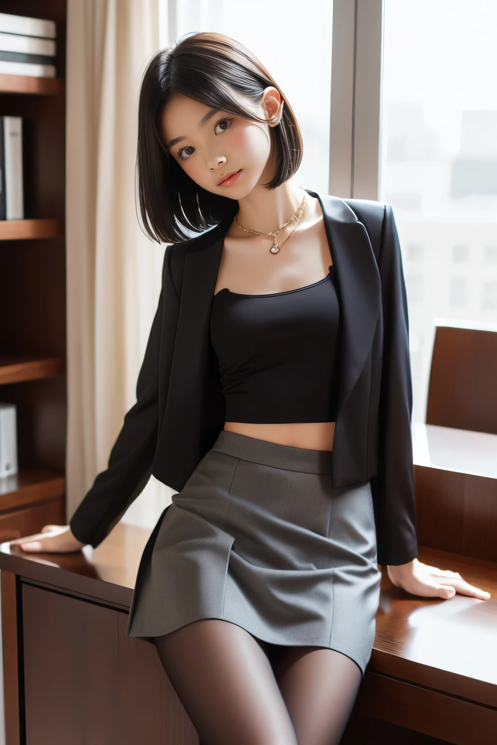 ((BOB hair)), (flat chest:1.5),(SLENDER:1.4),4k,8k,High resolution, fine representation, photographic quality.,25 years old, (Make-up:1.5), Very detailed, High quality, Masterpiece,(tight skirt)(necklace, bracelet, ring),pantyhose, thin legs, thin waist,short hairFemale office worker,(( in skirted hotel uniform)), sitting on chair, ((bending forward)),((jacket and blouse spread to reveal bra.)),Office