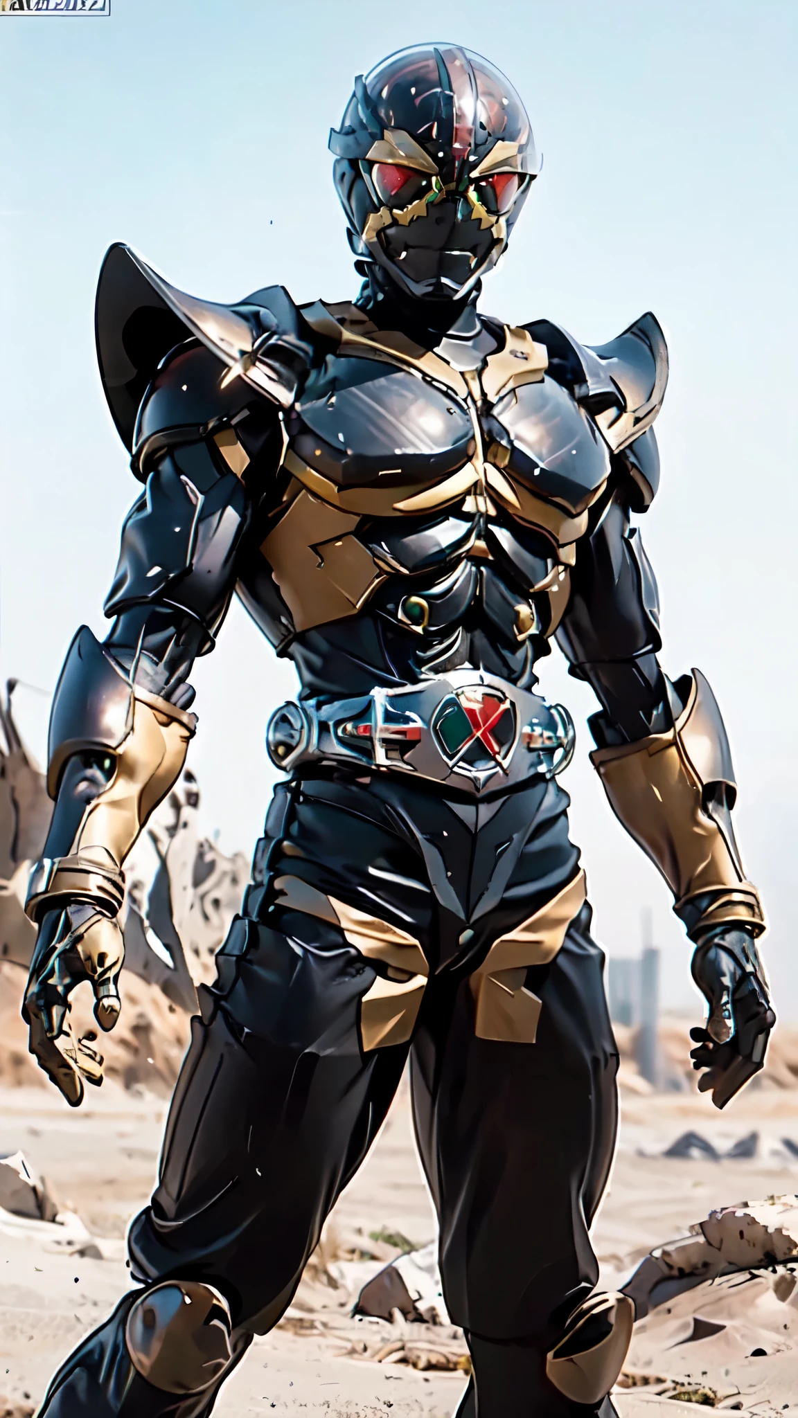 (masterpiece:1.5, best quality:1.5, extremely delicate:1.5), ((male:1.5)), a man wearing a full-face helmet, green eyes, fantasy-style high-tech biomimetic armored combat suit, (a composite layered chest armor), the design balances heavy with agility, fully enclosed shoulder guards, matching arm and leg guards, a belt of gemstone, (the color scheme is primarily Red with Black accents, Organic Biotech, Concept Inspired by Kamen Rider, glowing eyes, armor glows, stand of a futuristic sci-fi city), this character embodies a finely crafted fantasy-style armored hero in anime style, exquisite and mature art style, metallic, high definition, highres, ultra-detailed, ultra-fine painting, professional, perfect body proportions, golden ratio, anatomically correct, symmetrical face, extremely detailed eyes and face, high quality eyes, creativity, RAW photo, UHD, 32k, Natural light, cinematic lighting, masterpiece-anatomy-perfect