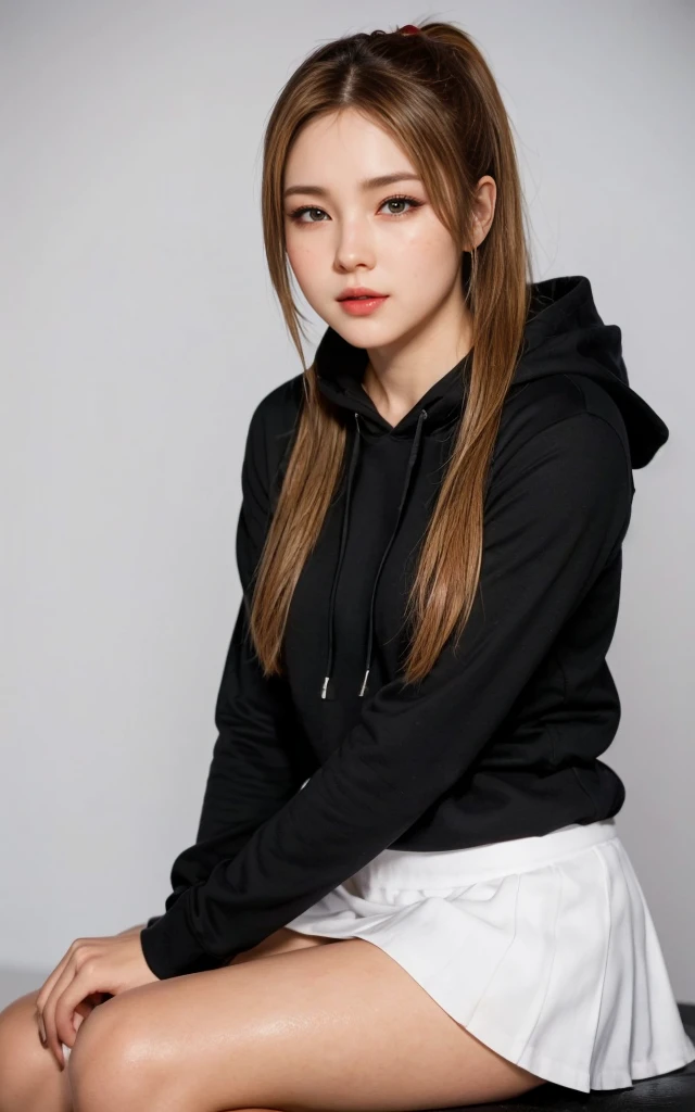 Realistic brown-eyed blonde girl in black sweatshirt posing for a photo inside the room beautiful face Italian blonde Galician angelic face realistic 