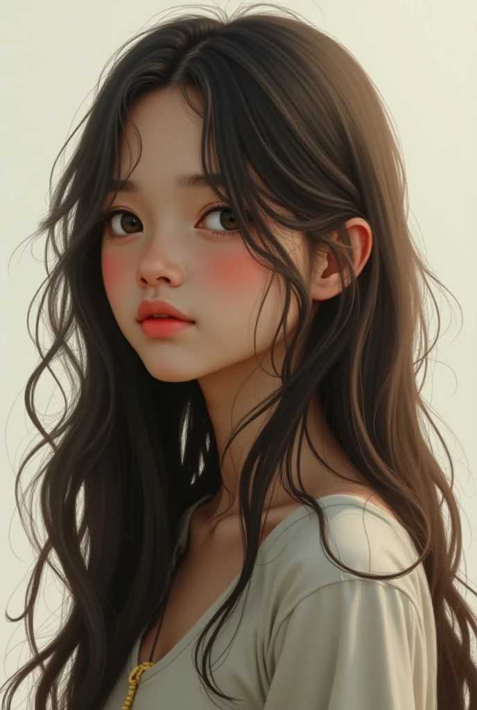 Create an image of my Son of small stature, slim, long dark brown hair, Oval face 