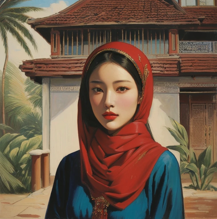 A mesmerizing digital illustration of a hijab-wearing woman in an Lienhua-inspired style. while her long, pirates deck ship in the background. The woman holds a heart shape Sword, embodying nature and femininity. The artwork masterfully fuses elements from various artistic styles and mediums, such as poster with name (Rendi Dimas), fashion, stock illustration, anime, film, portrait photography, graffiti, and ukiyo-e. The dark fantasy theme adds an air of mystique to the overall composition. Drawing inspiration from cinematography, 3D render, painting, typography, and conceptual art, the illustration captures quiet moments of beauty and introspection. The piece is a stunning fusion of photography, poster, 3d render, graffiti, vibrant, cinematic, illustration, conceptual art, portrait photography, anime, dark fantasy, photo, painting, product, fashion, ukiyo-e, typography