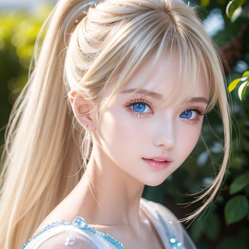 masterpiece,Portrait、、Bright expression、ponytail、Young, lustrous, glowing, white skin、Cheek highlight、The best beauty、Clear, silky blonde hair with dazzling highlights、Shiny bright hair,、Super long silky straight hair、Shiny beautiful bangs、Big bright blue eyes like sparkling jewels、Very beautiful lovely cute  girl、big breasts