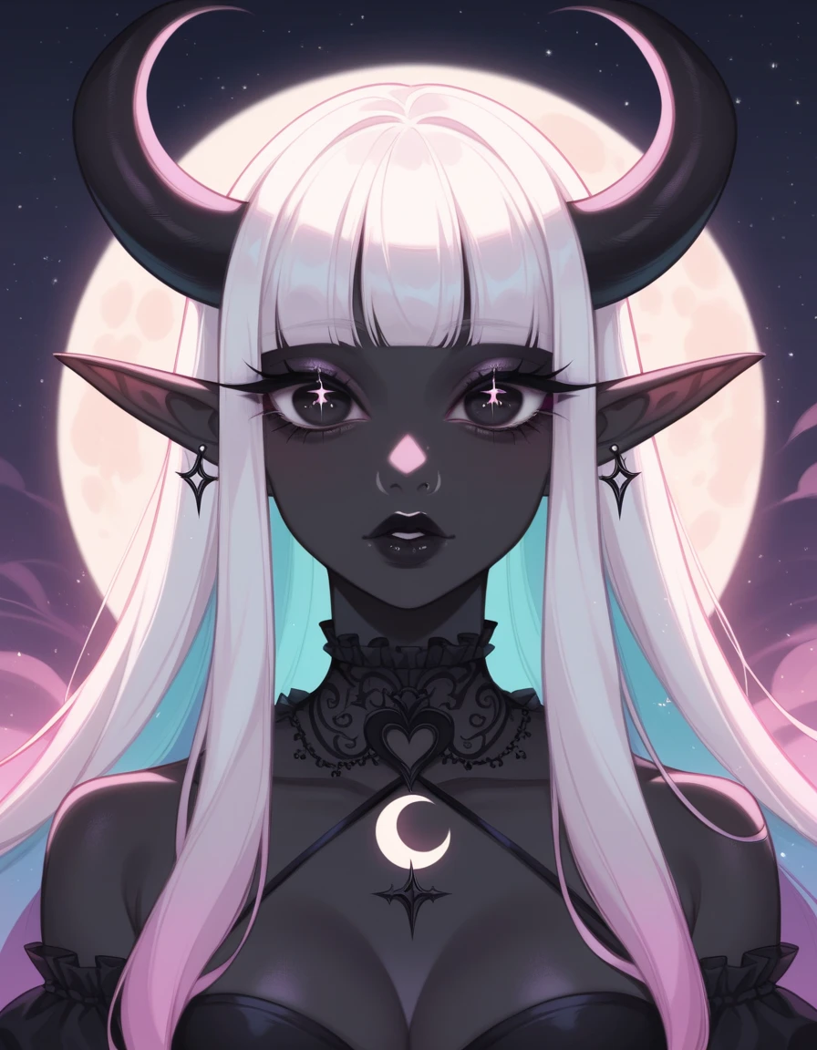 ((Masterpiece)), ((highres)), ((1person)), Random poses, beautifully detailed succubus girl, ((pastel moon background)), long white hair, defined elf ears with ear guages, defined eyes, pastel iris, long eye lashes, defined nose, black lipstick, (((Black skin))), black demon horns, breasts, night sky, pastel gothic style, gothic style art, gothic asthetic