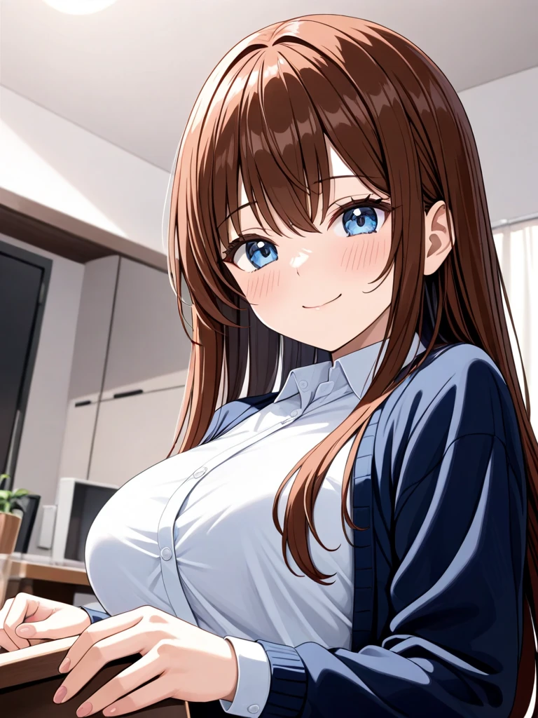 masterpiece, best quality, good quality, KururugiSeina, 1girl, solo, brown hair, long hair, blue eyes, large breasts, smile, blush, erotic angle,