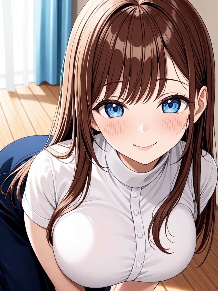 masterpiece, best quality, good quality, KururugiSeina, 1girl, solo, brown hair, long hair, blue eyes, large breasts, smile, blush, erotic angle,