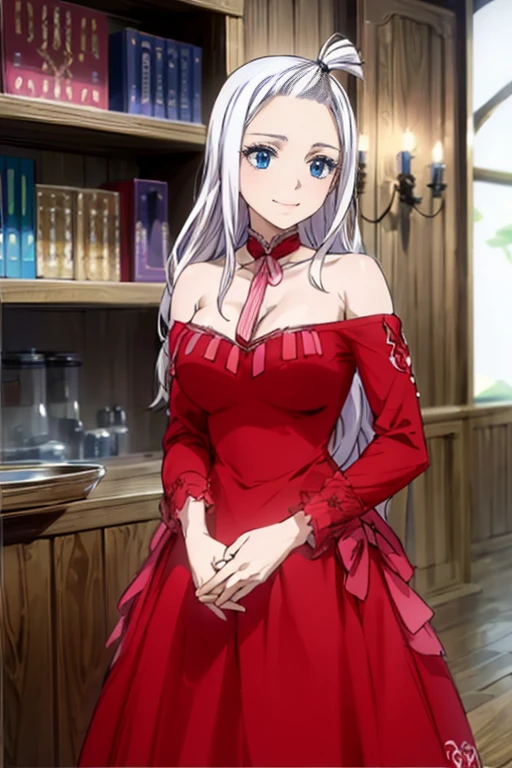 (Best Quality, 4k, 8k, Hi-Res, Masterpiece: 1.2), Ultra-Detailed, Realistic, Photorealistic: 1.37, Mirajane Strauss, beautiful woman with long straight wavy white hair and blue eyes, with a beautiful smile, wearing a beautiful long-sleeved black dress 