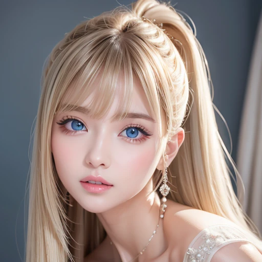 masterpiece,Portrait、、Bright expression、ponytail、Young, lustrous, glowing, white skin、satin dress, highly detailed dress, Cheek highlight、The best beauty、Clear, silky blonde hair with dazzling highlights、Shiny bright hair,、Super long silky straight hair、Shiny beautiful bangs、Big bright blue eyes like sparkling jewels、Very beautiful lovely cute  girl、big breasts