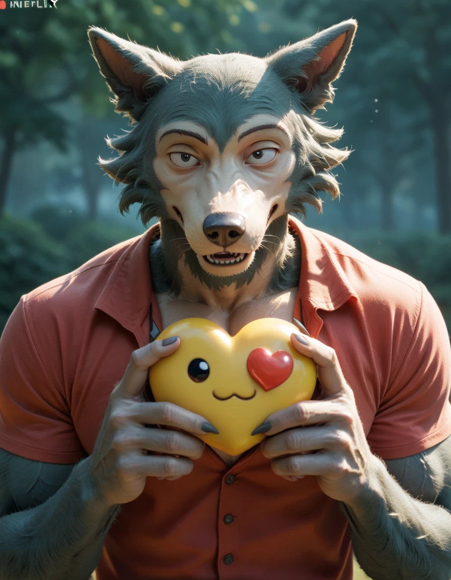 Legoshi, werewolf male muscular, (From the Netflix anime Beastars) 3D. And heart emojis.