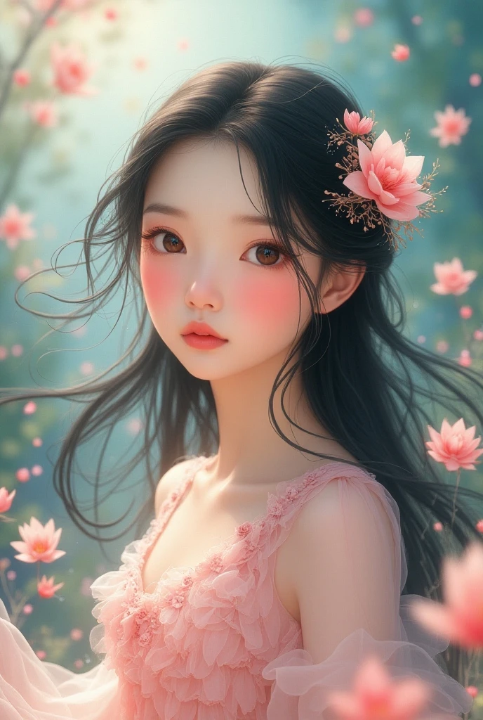 Character setting diagram;1 dancing ,。Solitary,Wearing a cute pink dress,Happy expression,Playful;Delicate face;The character is on the right side of the frame,Full body portrait;Light pink background,There are many transparent bubbles in the picture,Big bubbles;Pure background(The background is a solid color); Depth of Field, Extraordinary details, masterpiece, high quality, 4K,Leave white space in the center of the screen。