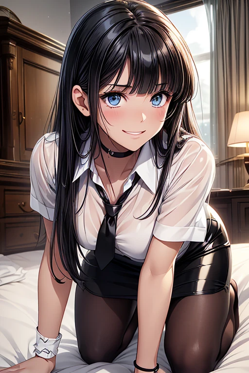 Rin Tohsaka, Rin Tohsaka, aqua eyes, Black hair, Hair Ribbon, Long hair, bow ribbon, (side locks:1.3), (black thighhighs:1.3), looking at the viewers, BREAK (masutepiece:1.2), Best Quality, High resolution, Unity 8k壁纸, (Illustration:0.8), (Beautiful detailed eyes:1.6), extra detailed face, Perfect Lighting, extremely details CG, (Perfect hands, Perfect Anatomy),,cowboy shot、(white shirt:1.5)、(Office Lady:1.3)、Miniskirts、((Black skirt:1.5))、s Office、Jacket, Formal, Suit, pencil skirts, Skirt suit、(cleavage of the breast),A smile、Sitting on a chair、(white panties:1.3)