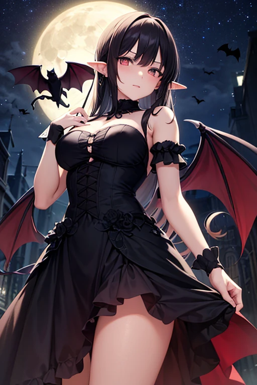 1girl,{random} face expression,funny pose,Halloween cosplay,party,vampire cosplay,small black bat wings,teeth fangs,smiling,detailed body,detailed face,detailed eyes,detailed hands,(best quality,4k,8k,highres,masterpiece:1.2),ultra-detailed,(realistic,photorealistic,photo-realistic:1.37),illustration,vivid colors,horror,sharp focus,studio lighting,bokeh,ultra-fine painting,concept artists,night scene,mysterious atmosphere,playful mood,colorful lights,costume party,spooky ambiance,dark shadows,mesmerizing,dramatic lighting,mischievous look,magic,party decorations