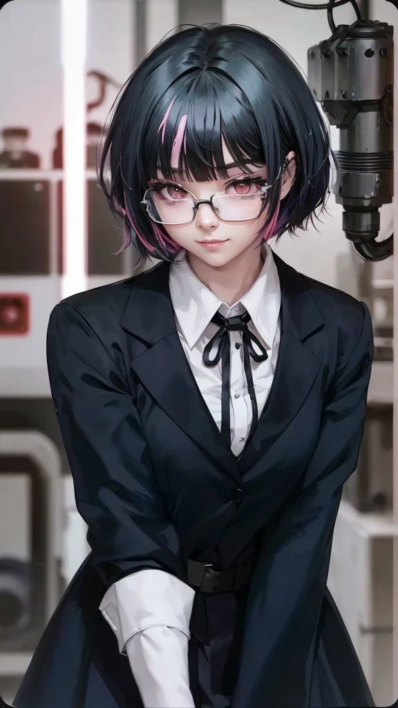 a japanes girl with black hair and glasses, in the style of dark navy and light white, anime-styled portraits, manga-styled portraits, kawai-styled portraits, high-definition, black hair, glasses, necktie, mole, long hair, shirt, collared shirt, piercing, white shirt, bangs, smile, black eyes(a cyberpunk anime girl with pink hair and green eyes is fighting robot in futuristic laboratory, green hair, short hair, red eyes, science fiction, glowing, robot, robot joints, glowing eyes, cyborg, leaning forward, android, bangs;1.3)(potrait0.67)High Resolution, Best Quality, UHD, Breasts, Large breasts, 