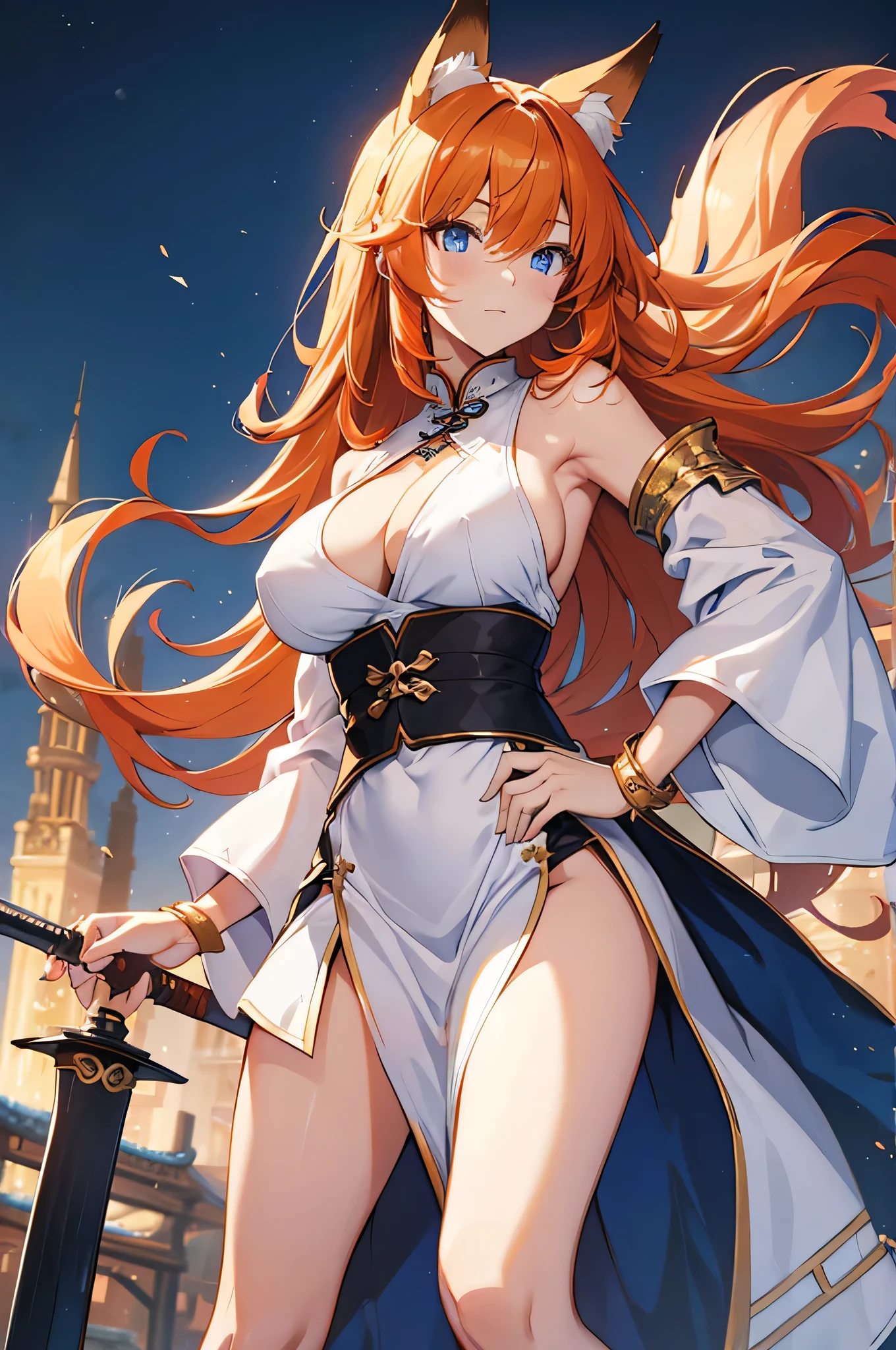 (Masterpiece, best quality, beautiful eyes, highly detailed, high res), 1girl, fox girl, fox ears, fox tail, orange hair, green eyes, Japanese priestess, goddess, mature woman, big breasts, massive breasts, massive cleavage, sexy, shiny skin, wet skin, water temple, water, wet clothes, shiny clothes, beautiful face, mommy body, divine, smiling, tight clothes, thick thighs,
