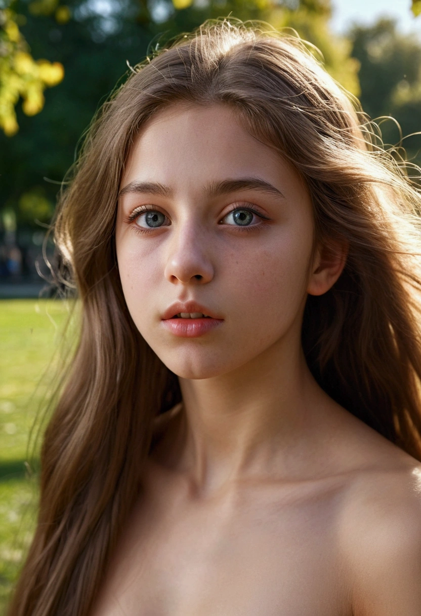 1 girl, beautiful detailed eyes, biting the lower lip, Extremely detailed face and features, long eyelashes, long loose hair,naked, ((full body)), Outdoor park environment, natural lighting, cinematographic composition, Very detailed, photorealistic, 8k, artwork sixteen years old 