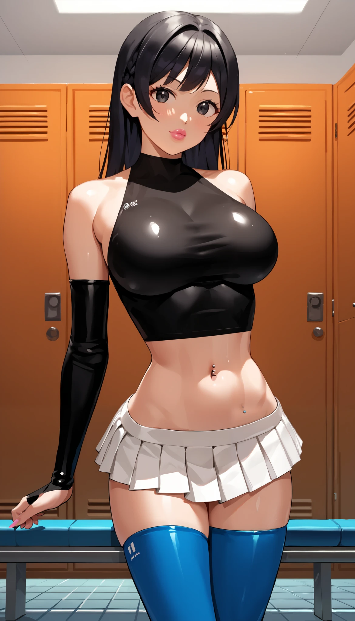 bmb-fc, sunny, bodycon dress, 1girl, face, woman , (masterpiece, best quality), 1girl, 18 years old, ((Minamoto shizuka)), looking straight at viewer, black eyes, no abs, ((idol pose)), shiny black hair, ((twin braided hairstyle)), plump lips, puffy lips, bimbo lips, pink lipstick, huge breast, hourglass figure, slim waist, shocked face, (((exposed navel))), belly button piercing, sunglasses on forehead, shiny latex, ((((hot stylish outfit)))), ((white tight sundress)), cleavage, underboobs, sleveless sundress, white choker, yellow sport bracelet, ((black armguard)), (white microskirt), pleated microskirt, day, locker room, blue thighhighs,